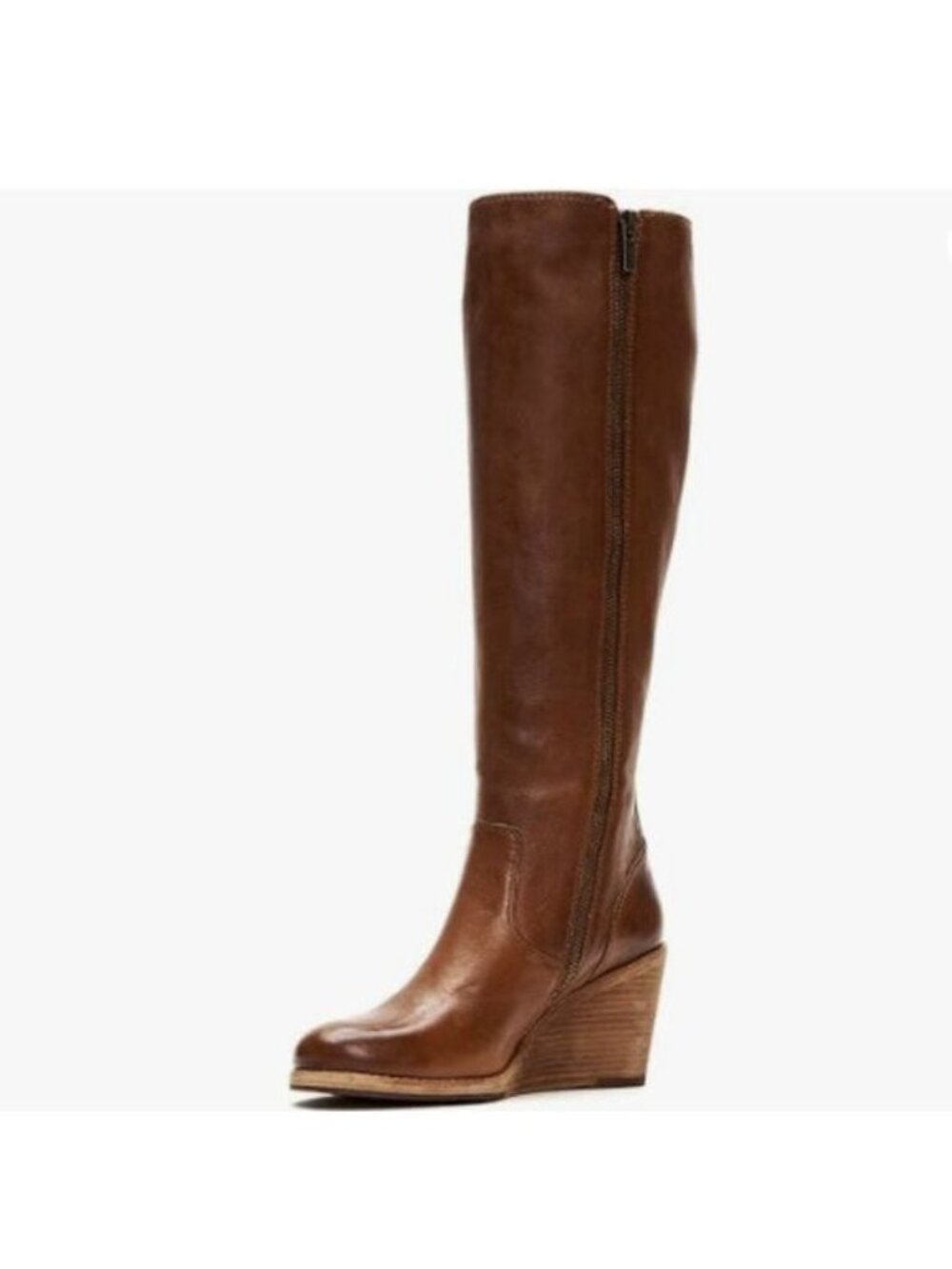 FSJ Women Side Zipper Wedge High Heel Point Toe  Fancy Pull On Ladies Brown Boot